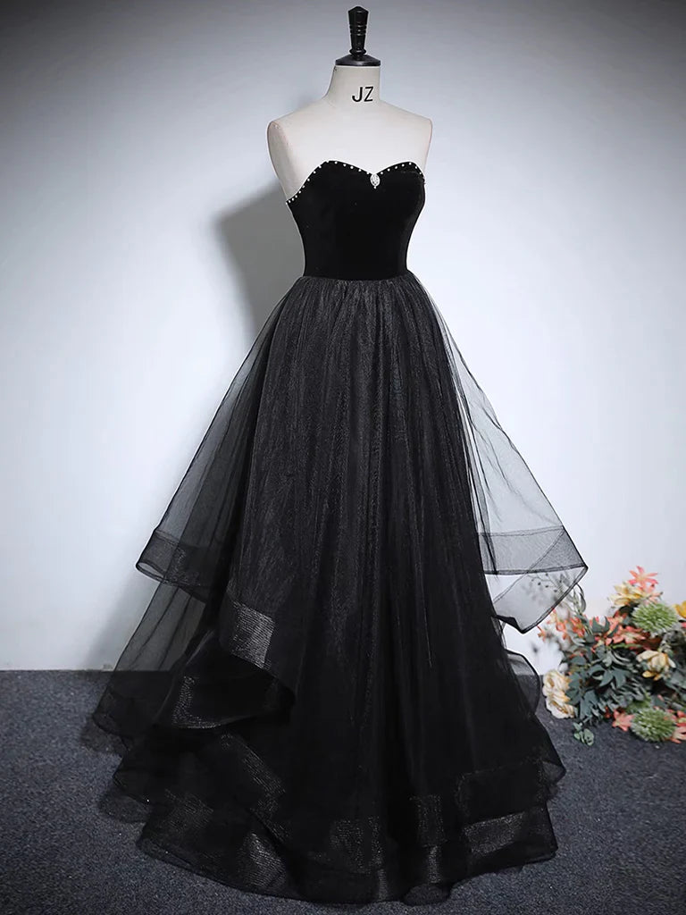 Vestido de fiesta largo de tul negro con corte en A, vestido formal largo negro ED0619