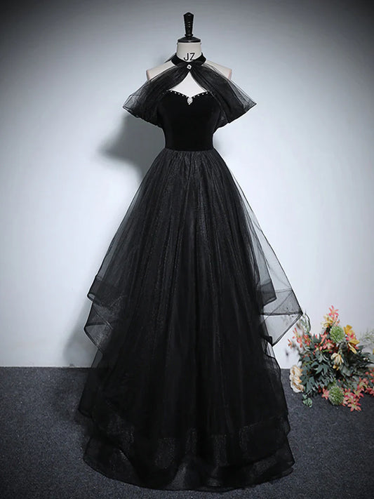 Vestido de fiesta largo de tul negro con corte en A, vestido formal largo negro ED0619