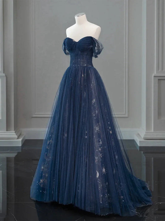 Vestido de fiesta largo azul oscuro con encaje de tul y hombros descubiertos ED062