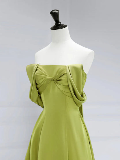 Vestido de fiesta largo de satén verde con hombros descubiertos y corte en A, vestido de noche formal largo verde ED0621