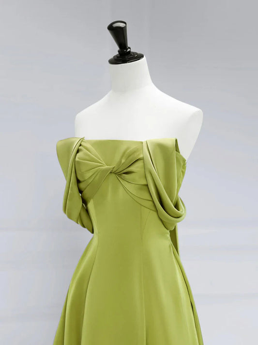 Vestido de fiesta largo de satén verde con hombros descubiertos y corte en A, vestido de noche formal largo verde ED0621