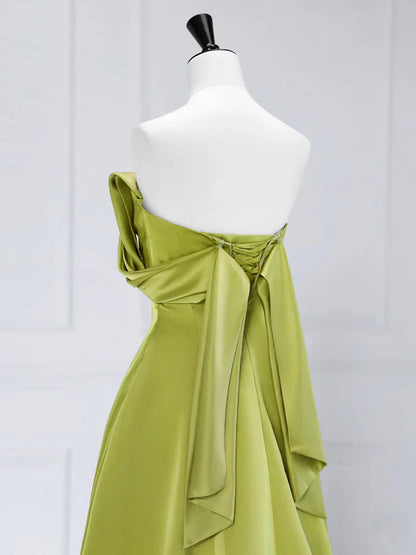 Vestido de fiesta largo de satén verde con hombros descubiertos y corte en A, vestido de noche formal largo verde ED0621