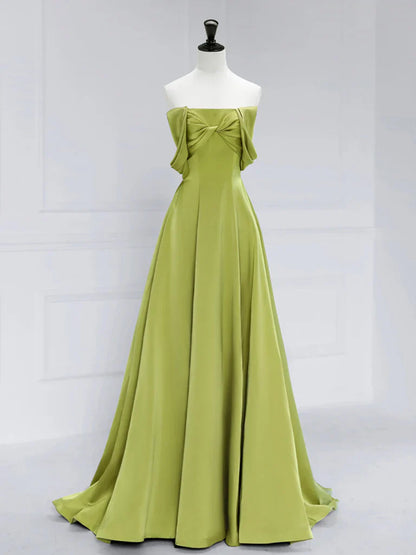 Vestido de fiesta largo de satén verde con hombros descubiertos y corte en A, vestido de noche formal largo verde ED0621