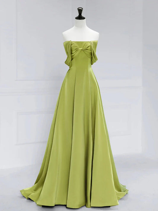 Vestido de fiesta largo de satén verde con hombros descubiertos y corte en A, vestido de noche formal largo verde ED0621