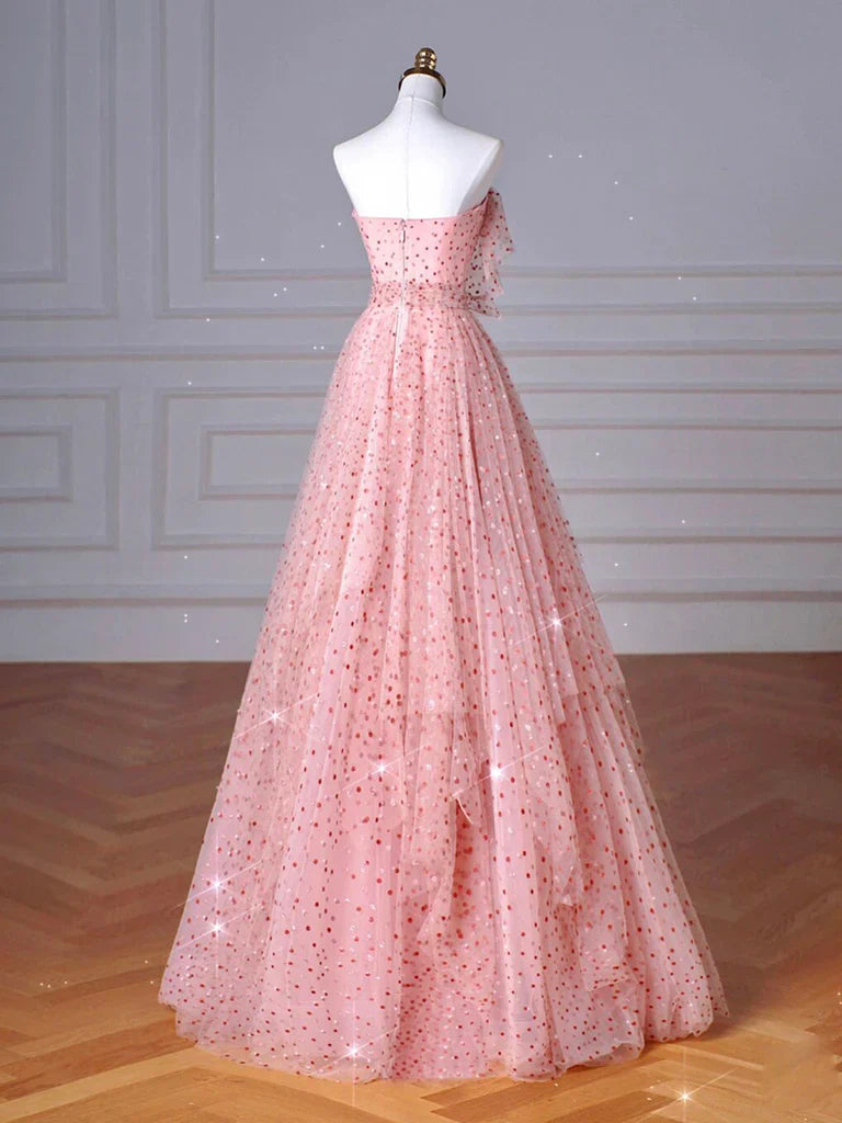 Vestido de fiesta largo de tul rosa con corte en A, vestido formal largo rosa ED0622