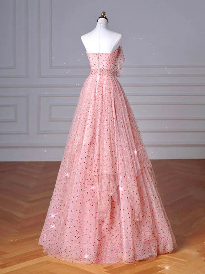 Vestido de fiesta largo de tul rosa con corte en A, vestido formal largo rosa ED0622