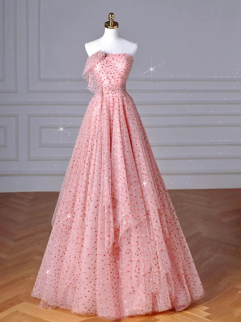 Vestido de fiesta largo de tul rosa con corte en A, vestido formal largo rosa ED0622