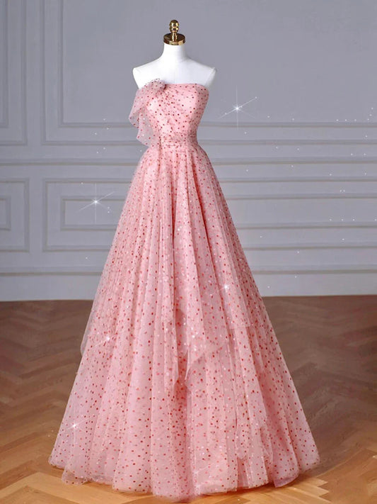 Vestido de fiesta largo de tul rosa con corte en A, vestido formal largo rosa ED0622