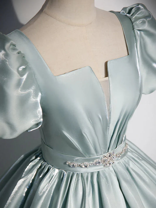 Vestido de fiesta largo de satén azul con corte en A, vestido formal largo azul ED0625