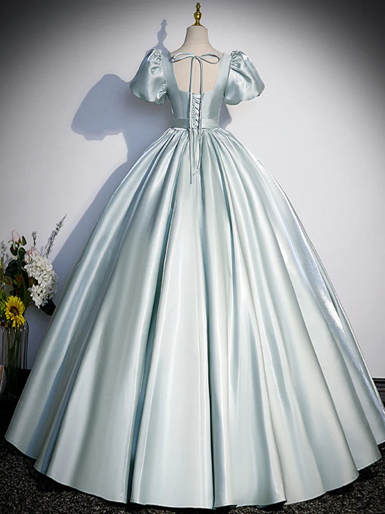 Vestido de fiesta largo de satén azul con corte en A, vestido formal largo azul ED0625