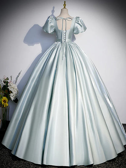 Vestido de fiesta largo de satén azul con corte en A, vestido formal largo azul ED0625