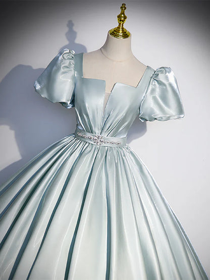 Vestido de fiesta largo de satén azul con corte en A, vestido formal largo azul ED0625
