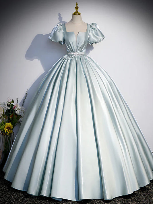 Vestido de fiesta largo de satén azul con corte en A, vestido formal largo azul ED0625