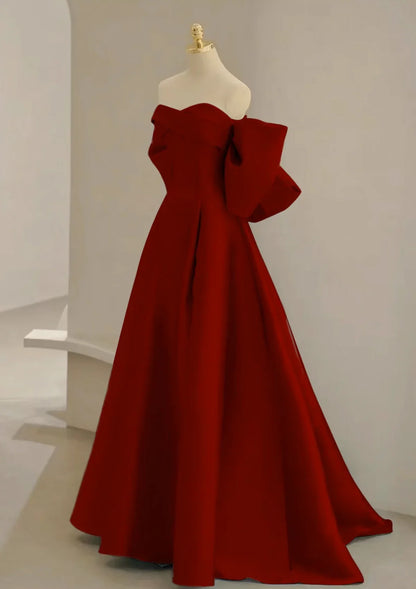 Vestido de fiesta largo de satén burdeos con escote corazón y corte en A, vestido formal largo burdeos ED0626