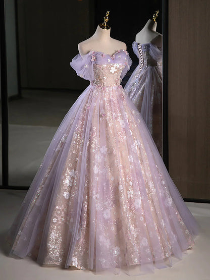 Vestido de fiesta largo morado con escote corazón, tul y encaje, vestido formal largo morado ED0627