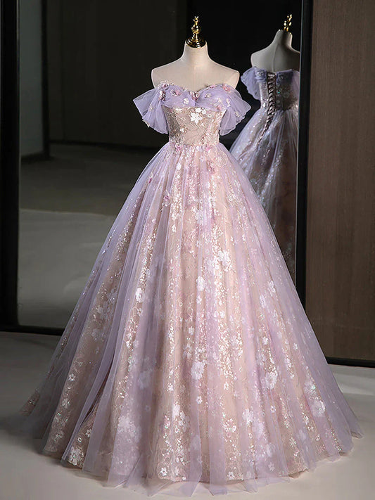 Vestido de fiesta largo morado con escote corazón, tul y encaje, vestido formal largo morado ED0627