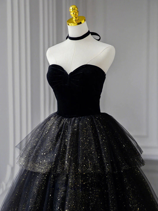 Vestido de fiesta largo negro con escote corazón, tul y lentejuelas, corte A, vestido formal negro ED0628