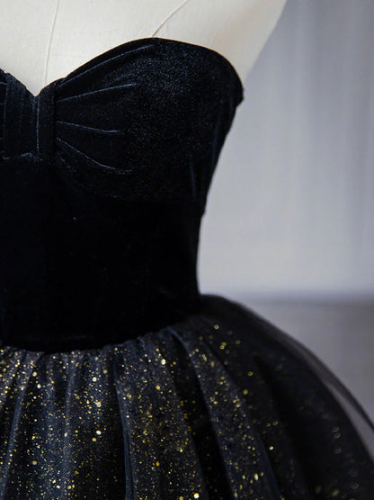A-Line Sweetheart Neck Tulle Sequin Black Long Prom Dress, Black Formal Dress ED0628