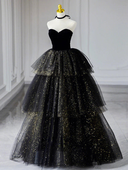 A-Line Sweetheart Neck Tulle Sequin Black Long Prom Dress, Black Formal Dress ED0628