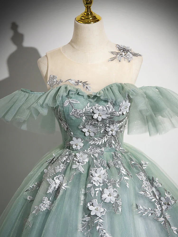 Vestido de fiesta largo de tul con hombros descubiertos y encaje verde, corte A, vestido formal largo verde ED0629