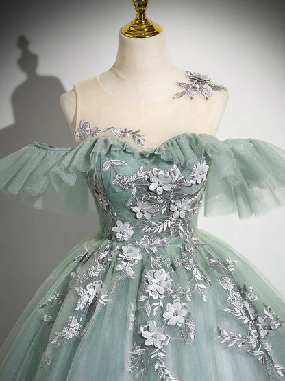 Vestido de fiesta largo de tul con hombros descubiertos y encaje verde, corte A, vestido formal largo verde ED0629