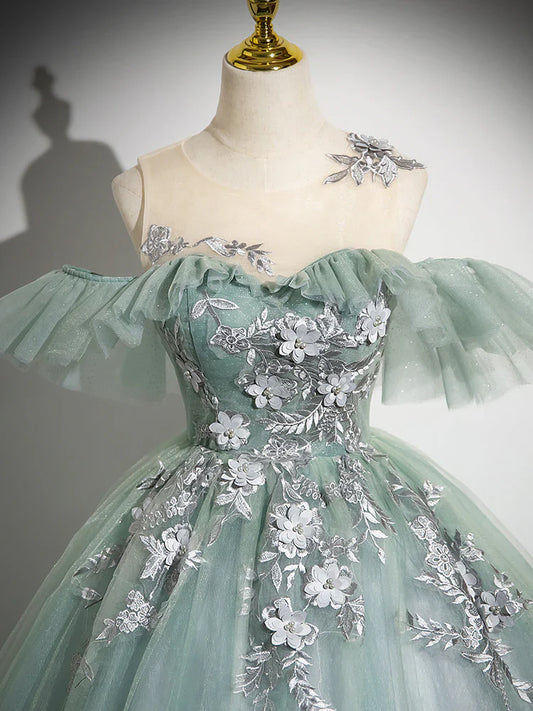 Vestido de fiesta largo de tul con hombros descubiertos y encaje verde, corte A, vestido formal largo verde ED0629