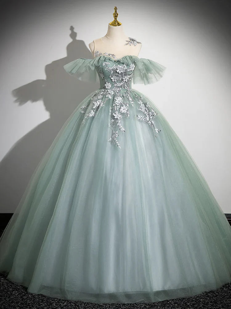 Vestido de fiesta largo de tul con hombros descubiertos y encaje verde, corte A, vestido formal largo verde ED0629