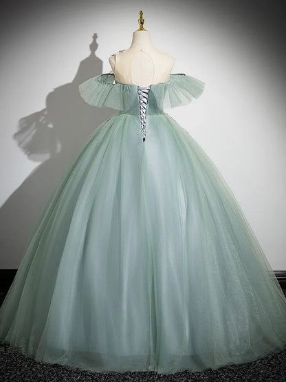 Vestido de fiesta largo de tul con hombros descubiertos y encaje verde, corte A, vestido formal largo verde ED0629