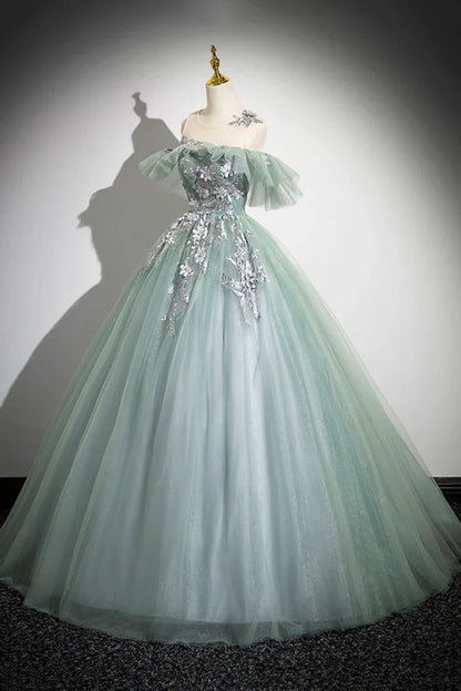 Vestido de fiesta largo de tul con hombros descubiertos y encaje verde, corte A, vestido formal largo verde ED0629