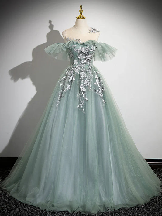 Vestido de fiesta largo de tul con hombros descubiertos y encaje verde, corte A, vestido formal largo verde ED0629