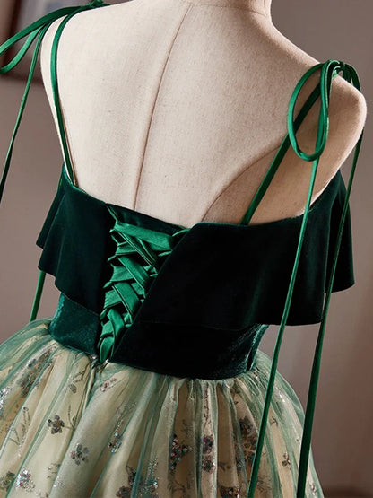 A-Line Tulle Lace Sequin Green Short Prom Dress, Green Homecoming Dress ED063