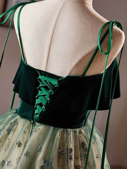 A-Line Tulle Lace Sequin Green Short Prom Dress, Green Homecoming Dress ED063