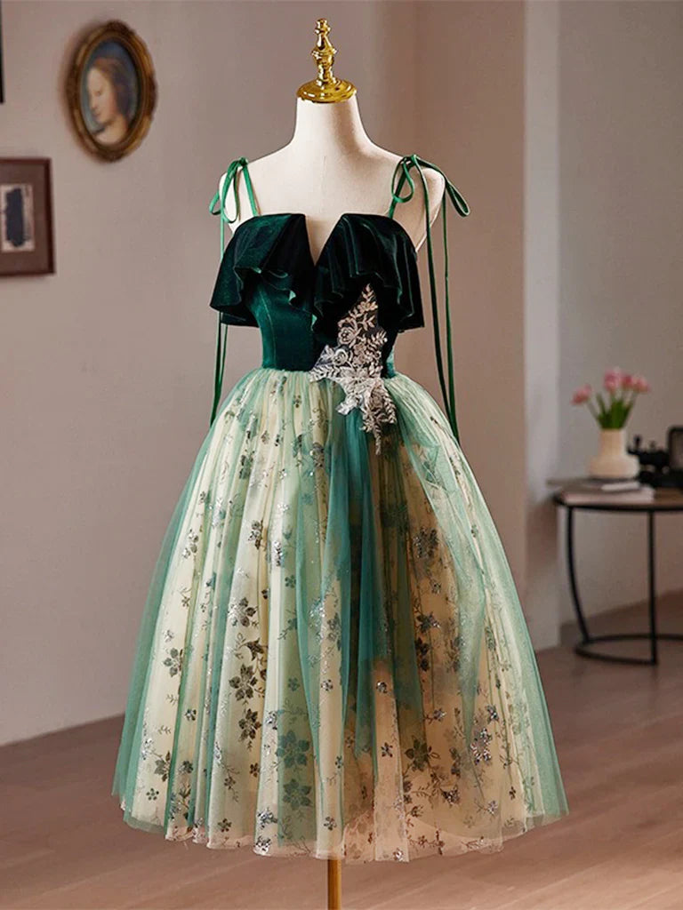 A-Line Tulle Lace Sequin Green Short Prom Dress, Green Homecoming Dress ED063