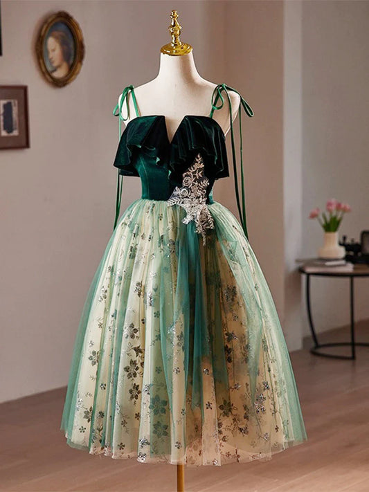 A-Line Tulle Lace Sequin Green Short Prom Dress, Green Homecoming Dress ED063