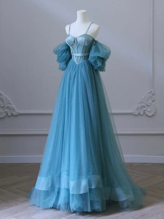 Vestido de fiesta largo de tul azul con escote corazón y corte en A, vestido formal largo azul ED0630