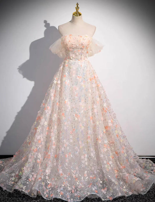 Vestido de fiesta largo de tul con encaje y hombros descubiertos, corte A, rosa, ED0631
