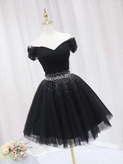 Vestido de fiesta corto negro con escote en V y lentejuelas ED0634