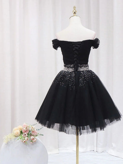 Vestido de fiesta corto negro con escote en V y lentejuelas ED0634