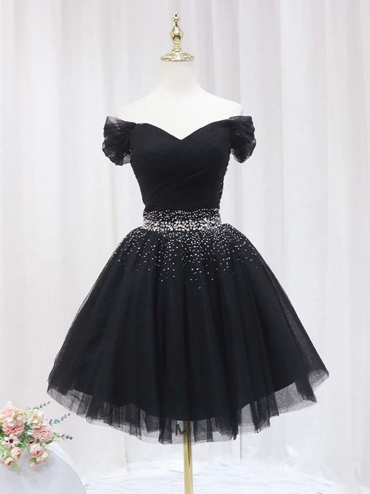 Vestido de fiesta corto negro con escote en V y lentejuelas ED0634