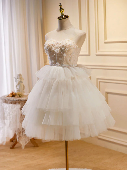 Vestido de fiesta corto de tul con escote corazón en beige, vestido de bienvenida en beige ED0636