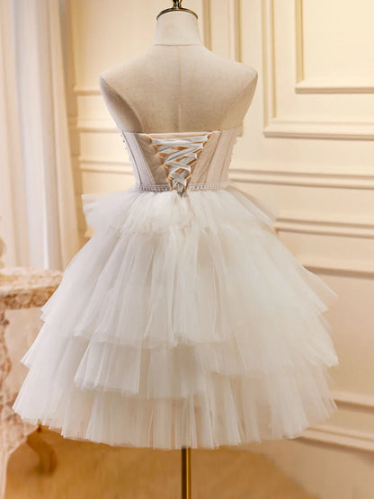 Vestido de fiesta corto de tul con escote corazón en beige, vestido de bienvenida en beige ED0636