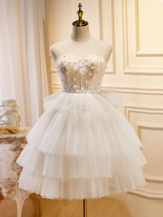 Vestido de fiesta corto de tul con escote corazón en beige, vestido de bienvenida en beige ED0636