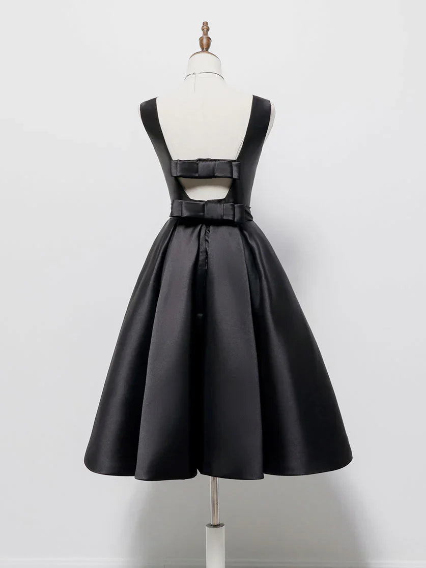 Vestido de fiesta corto de satén negro, corte A, sencillo, vestido de bienvenida negro ED0637