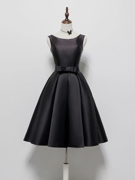 Vestido de fiesta corto de satén negro, corte A, sencillo, vestido de bienvenida negro ED0637