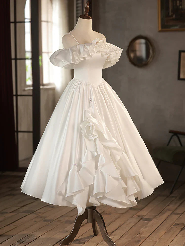 Vestido de fiesta retro de corte A, largo hasta la rodilla, color marfil, vestido de fiesta de boda blanco ED0638