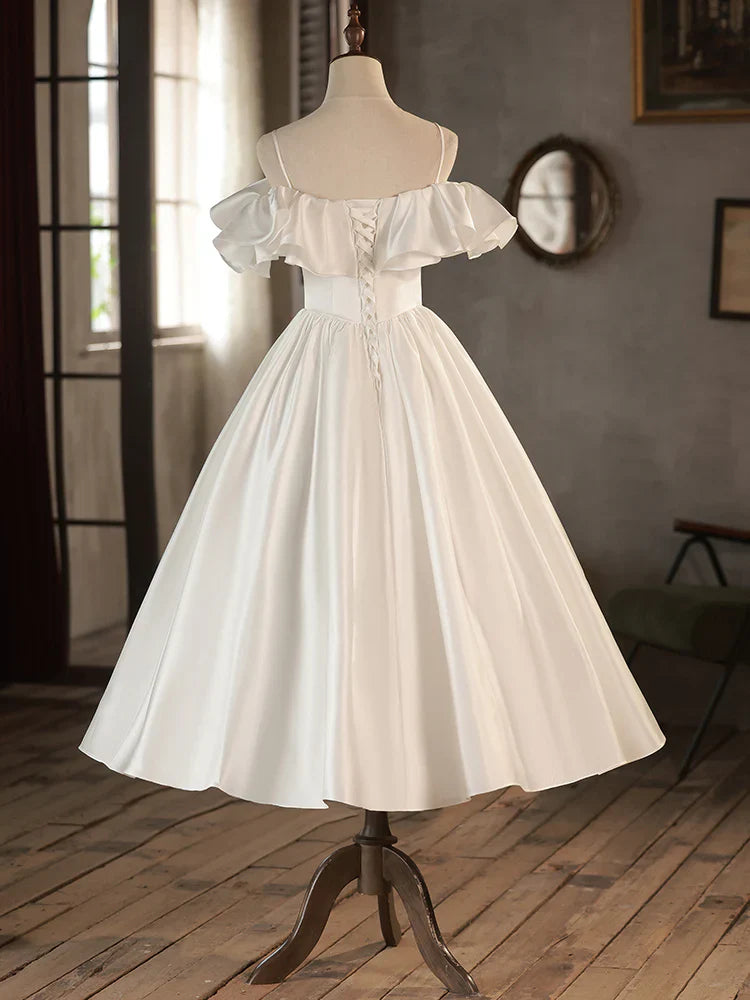 Vestido de fiesta retro de corte A, largo hasta la rodilla, color marfil, vestido de fiesta de boda blanco ED0638