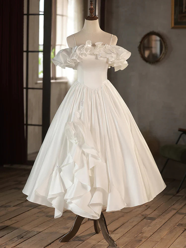 Vestido de fiesta retro de corte A, largo hasta la rodilla, color marfil, vestido de fiesta de boda blanco ED0638