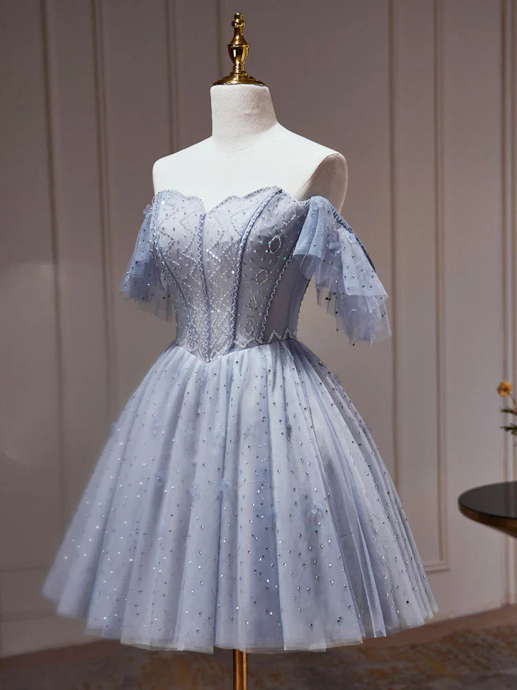 Vestido de fiesta corto de tul azul polvoriento con corte en A, vestido de bienvenida azul polvoriento ED0640