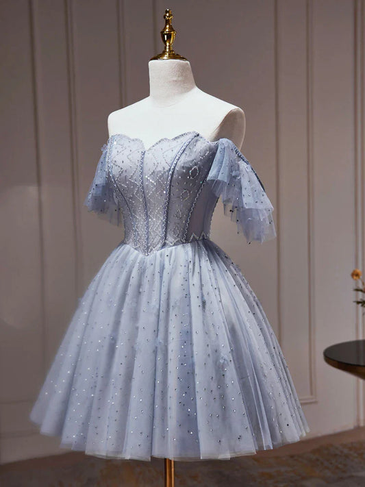 Vestido de fiesta corto de tul azul polvoriento con corte en A, vestido de bienvenida azul polvoriento ED0640