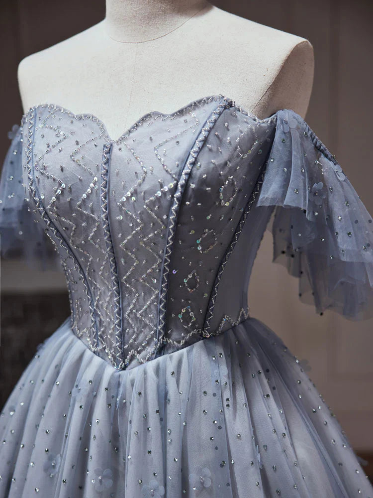 Vestido de fiesta corto de tul azul polvoriento con corte en A, vestido de bienvenida azul polvoriento ED0640